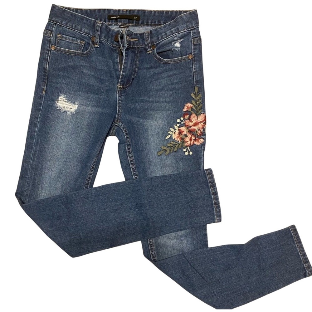 Harper Womens Floral Embroidered Skinny Jeans Medium Wash Distressed Size 27